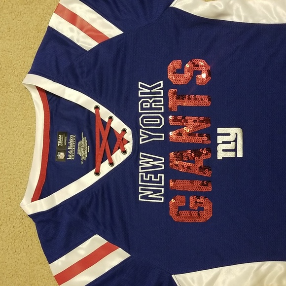 NY Giants Sequin Jersey Tee with Lace Up Neck, Medium, Blue/Red - Picture 2 of 4